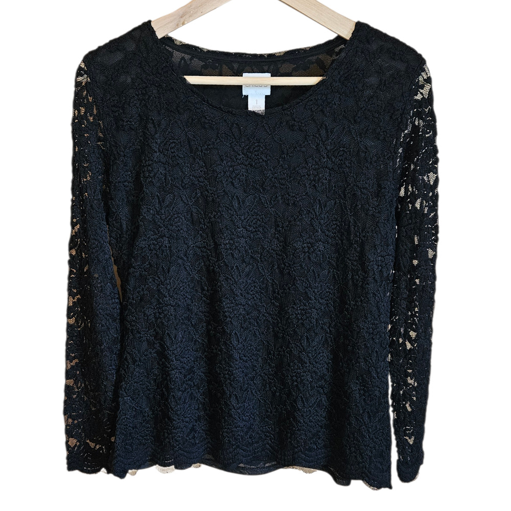 Chico’s Women’s Lace Top Long Sleeve Black Scoop Neck Floral Size 1 Medium